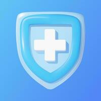 Blue shield with white cross. 3D vector icon.