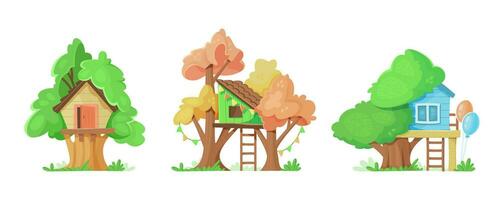 Set of different houses on trees for kids. Cartoon vector illustration.