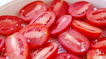 Delicious red tomatoes. man hands putting tomatoes to tray for drying, closeup, slow motion video