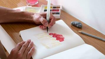 fermer de méconnaissable femme dessin avec aquarelle peindre, fabrication esquisser de une gâteau video