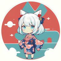 Cute Kawaii Chibi Anime Girl Sticker Cute Japanese Yukata Kimono Simple Colorful Background photo