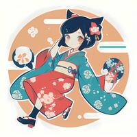 Cute Kawaii Chibi Anime Girl Sticker Cute Japanese Yukata Kimono Simple Colorful Background photo