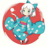 Cute Kawaii Chibi Anime Girl Sticker Cute Japanese Yukata Kimono Simple Colorful Background photo