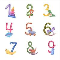 Watercolor illustration of numbers from 1 to 9 with kid wood toys. Multicolor elements for party vector