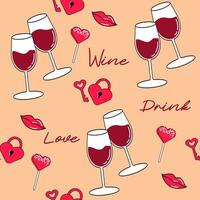 Wine Retro style Background. Fashion Seamless pattern couple glass wine, candy and hearts for textile. fashion Modern Copy paste textile, prints, paper products, the Web. trendy for Valentines day vector