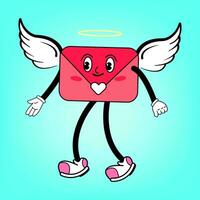 Groovy Valentines day Romantic Envelope with Wings. Cute Angel and funny characters. Retro valentines day. 70s 60s aesthetics. Happy Cartoon Smile, Walking Character mail vector