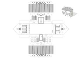 Toy School house printable die cut template. Simple, fast, easy to fold. Isolated monochrome object. Vector eps10