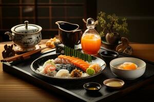 japonés desayuno con arroz y pez. generativo ai foto