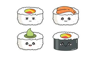 Hand Drawn Various Cute Kawaii Sushi, Rolls, Sashimi Character Japanese Foods Illustration vector