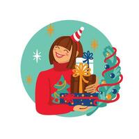 Girl packed Christmas gifts to put under the tree. vector