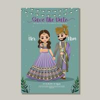 tarjeta de invitación de boda la novia y el novio linda pareja en traje tradicional indio personaje de dibujos animados vector