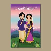 tarjeta de invitación de boda la novia y el novio linda pareja en traje tradicional indio personaje de dibujos animados vector