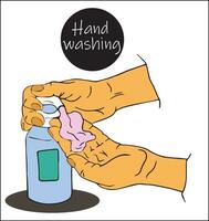 Wash your hands with liquid soap and foam from dispenser. Clean hands. Disinfectant cleaning agents. vector