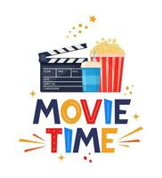 Movie time hand drawing lettering. Creative template for cinema poster, banner. Movie time concept with cinema elements. Vector illustration.