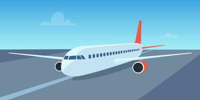 Passenger airplane on runway, front view. passenger aircraft takeoff illustration. Airport with aircraft on airfield. Vector illustration.