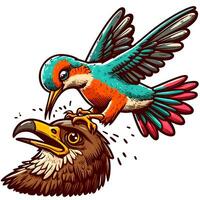épico encontrar, un audaz colibrí toma en un halcón en aire batalla. ai generado foto
