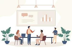 Modern flat vector illustration of people collaboration in the office. Co-working center. Business meeting presentation. People talking and working. Team work.