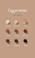 Coffee menu graphic design vector template. Set of different types of coffee, arabica