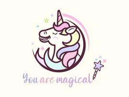 usted son mágico contento unicornio saludo tarjeta con magia varita mágica vector