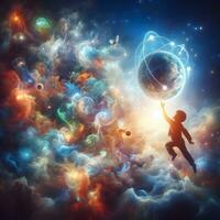 cósmico jugar, un niño inspirado en el universo fantasía Arte obra maestra. ai generado foto