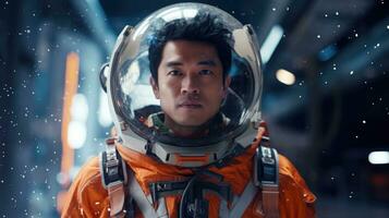 Asian man wearing an astronaut suit. Futuristic blurred background photo