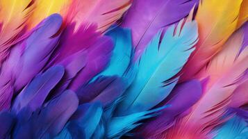 Multi colored feathers. Closeup rainbow feather. Background texture, abstract photo