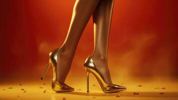 Female legs wearing gold high heels over gold background photo