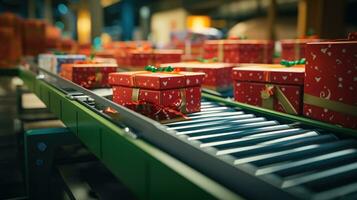 Christmas gift boxes on conveyor rollers ready to be shipped photo