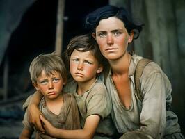 Resiliencia en medio de soledad un indigente familia durante el 1930 genial depresión era generativo ai foto