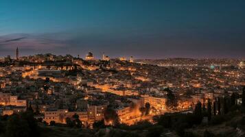 wide view of jerusalem at night   generative AI photo