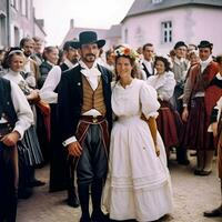 elegante Clásico Boda tradicional atuendo de el temprano Vigésimo siglo generativo ai foto