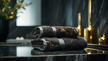 Black towels on marble desk and blurred modern black and gold bathroom photo