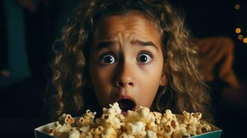 The frightened face of a girl watching a horror movie. Holding popcorn photo