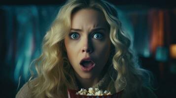 The frightened face of a woman watching a horror movie. Holding popcorn photo