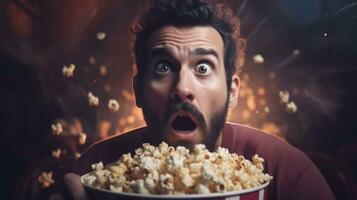 Frightened face of a man watching a horror movie. Holding popcorn photo