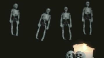 a group of skeletons are standing in front of a black background video