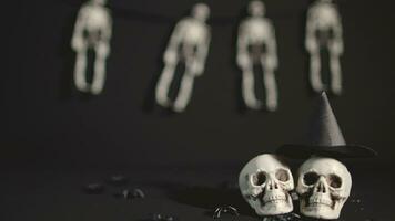 a group of white skeletons hanging from a string video