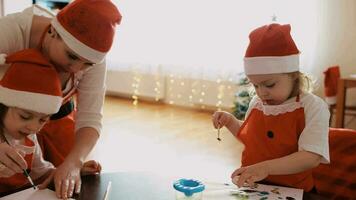 a woman and two children in santa hats at a table video