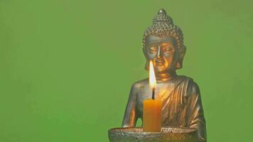 un Buda estatua con un iluminado vela en un verde antecedentes video