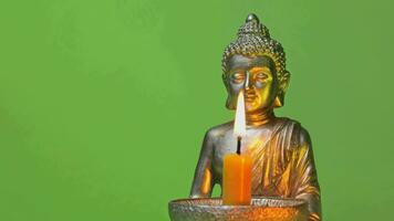 un Buda estatua con un iluminado vela en un verde antecedentes video