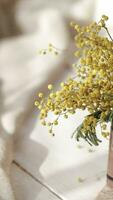 un pequeño florero con amarillo flores en un mesa video