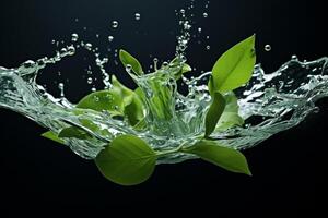 AI Generated Fresh drop freshness green clean rain background nature summer liquid motion macro purity bubble spring water plant leaf splashing photo
