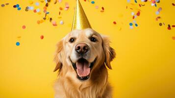 Happy golden retriever dog celebrating birthday AI Generative photo