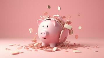 Broken piggy bank on pink background AI Generative photo