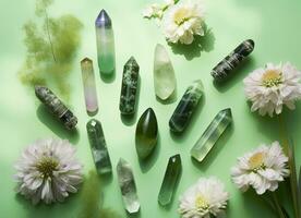 Crystal towers minerals set and white flowers on green abstract background. Generative AI photo
