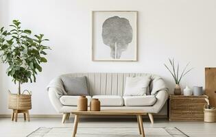 Boho open space interior in a cozy apartment with a design. Generative AI photo