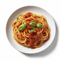 Delicious Plate of Spaghetti with Tomato Sauce on a White Background Generative AI photo