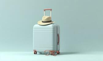 Blue suitcase with sunglasses on a pastel blue background. travel concept. Generative AI photo