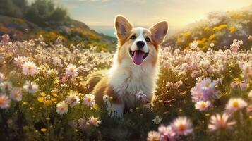 Charming corgi dog with flowers in the spring. Generative AI photo