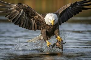 Fishing Bald Eagle, a bald eagle facing camera catches a fish out of the water, in the style of National Geographic contest winner, super telephoto close up. AI Generative photo